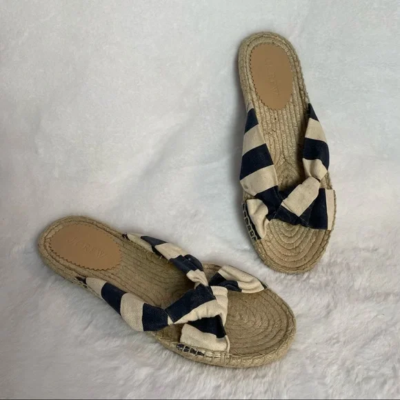 J. Crew Blue Tan Striped Cloth Summer Sandal Slide On Shoe - Picture 2 of 5